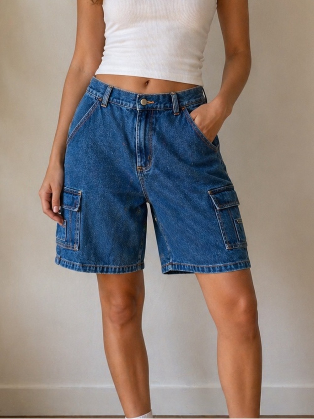 Denim Cargo Shorts Women’s Large Y2K Utility Blue Jean Shorts